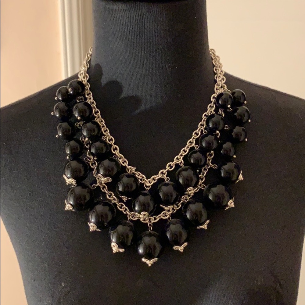2 layers black bead necklace on silver chains